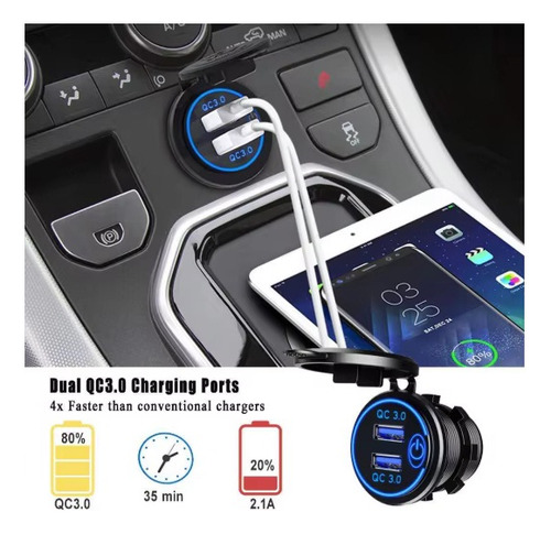 Cargador Usb Dual Qc 3.0 Carga Rápida Para Carro Moto 12-24v - Imagen 3