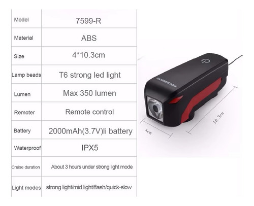 Luz Linterna Bocina Rockbros 7599-r Impermeable Bicicleta - Imagen 4