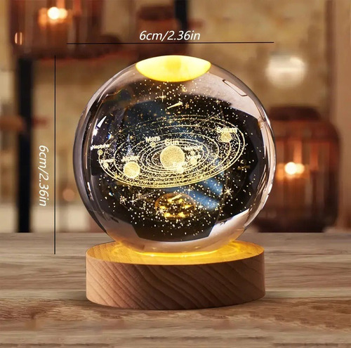 Lámpara De Noche Planeta 3d Bola De Cristal Base De Madera - Imagen 4