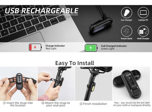 Luz Trasera Ligera Bicicleta Rockbros Impermeable Recargable - Imagen 8